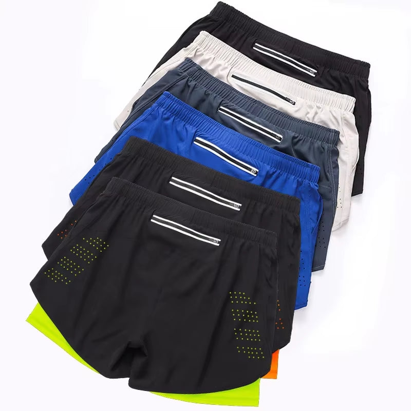 Men'S Running Shorts Quick-Drying Fitness Black Double Layer Shorts Men New Sport Workout Training Bodybuilding Short Pants