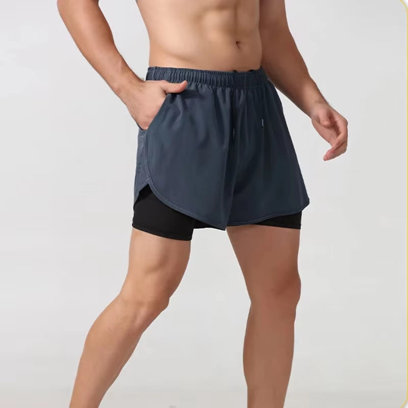 Men'S Running Shorts Quick-Drying Fitness Black Double Layer Shorts Men New Sport Workout Training Bodybuilding Short Pants
