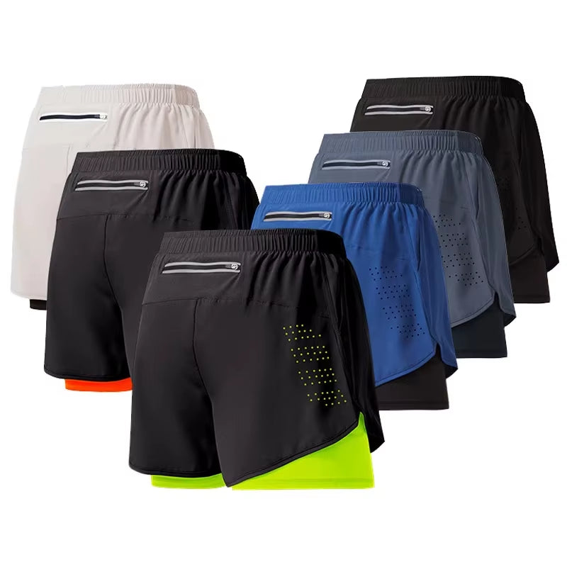 Men'S Running Shorts Quick-Drying Fitness Black Double Layer Shorts Men New Sport Workout Training Bodybuilding Short Pants