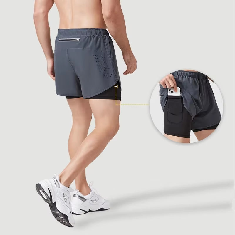 Men'S Running Shorts Quick-Drying Fitness Black Double Layer Shorts Men New Sport Workout Training Bodybuilding Short Pants